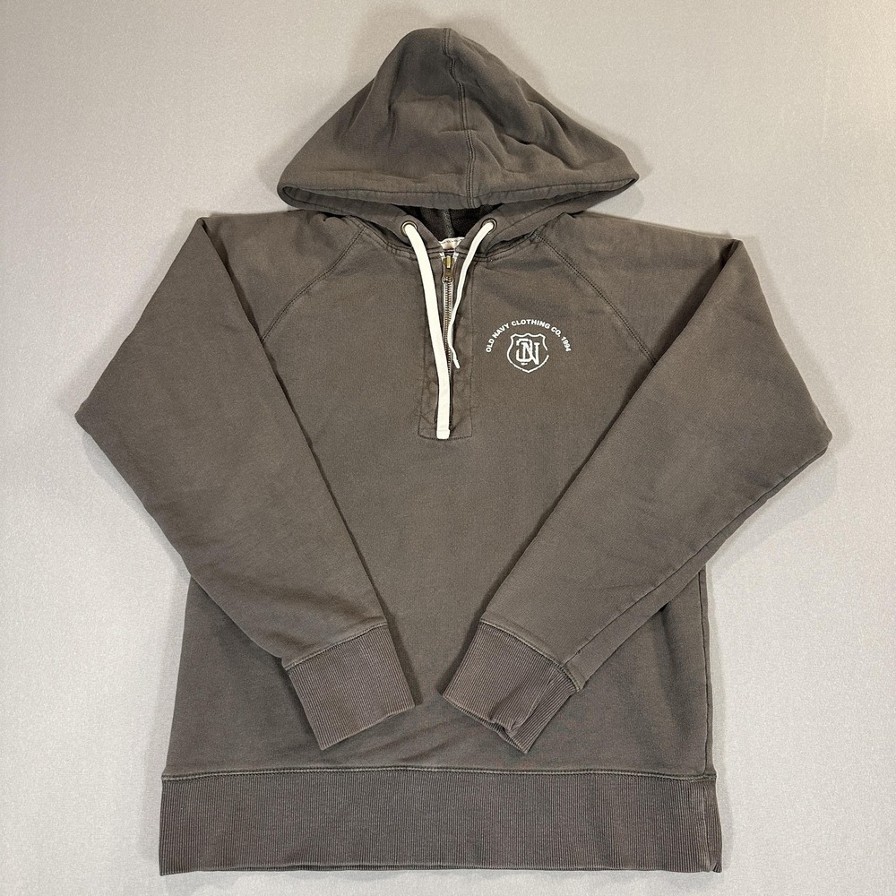 Old Navy Hoodie Mens Small Gray 1/4 Zip Pullover Sweatshirt Crest Logo Raglan